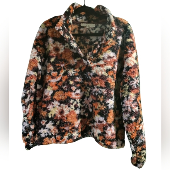 LOFT Floral Sherpa Snap Collar Sweater Top - Size M - Picture 2 of 5